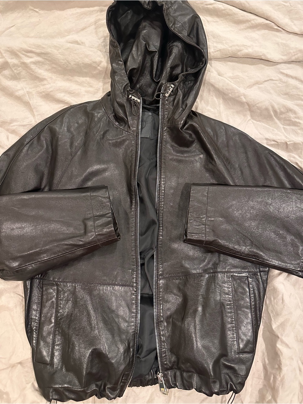 NWOT•Mango Leather Hoodie, espresso brown/black